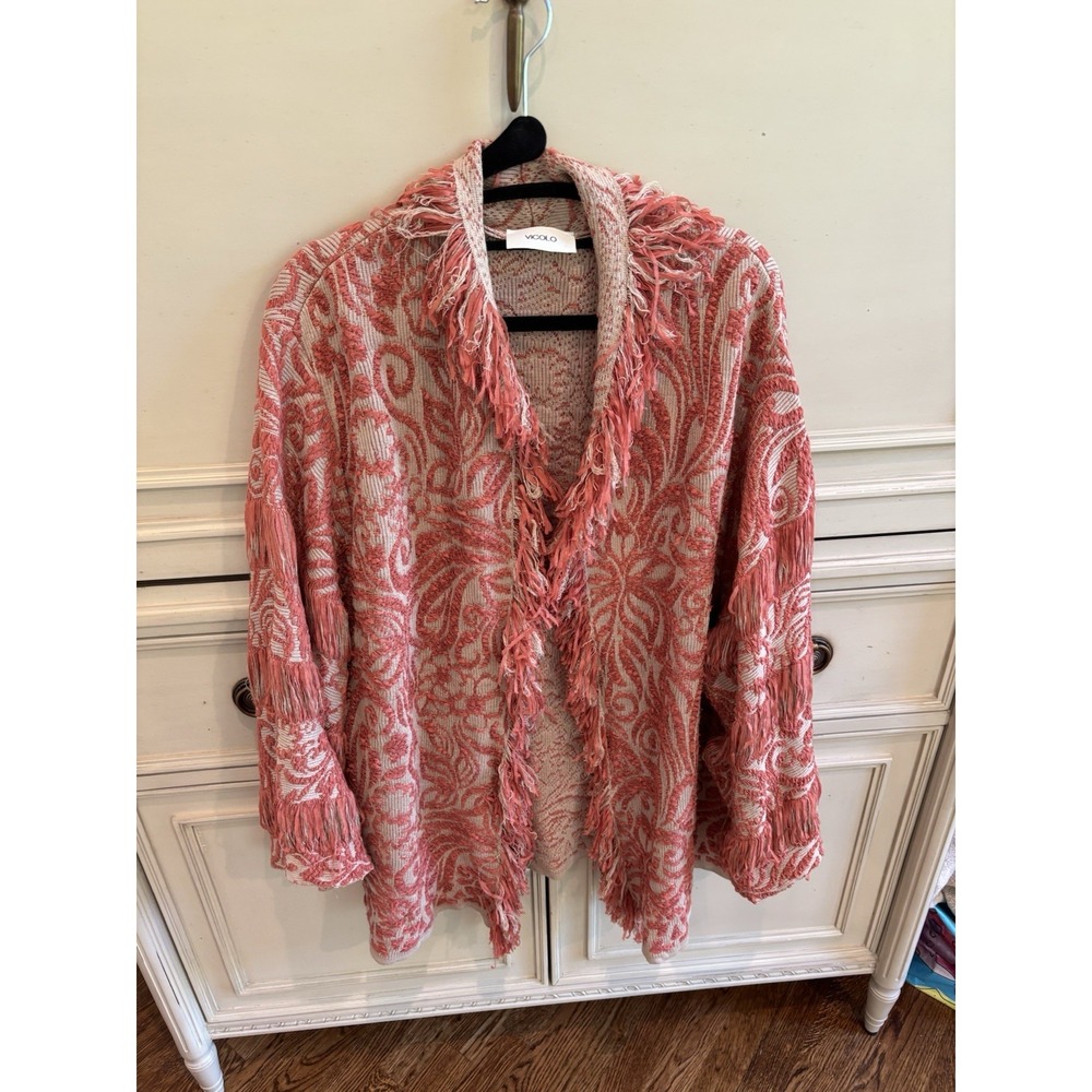 Vicolo Salmon Pink Beige Fringe Trim Open Front Cardigan‎ Sweater Floral Boho XL